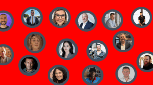 People in circle frames on red